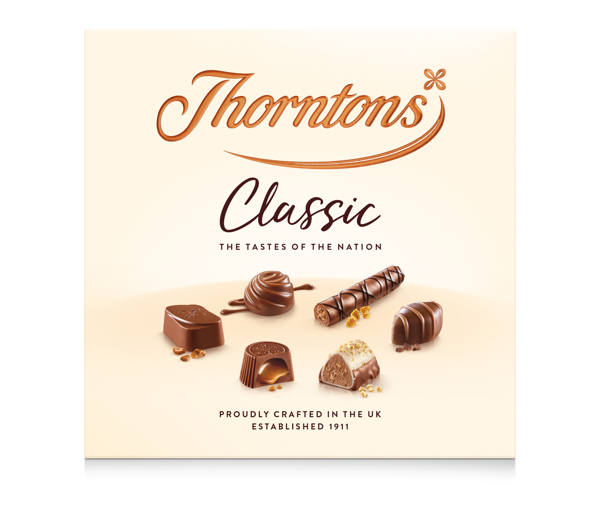 A front facing photograph of a box of Thorntons Classic Collection chocolates, standing upright on a blank white background.