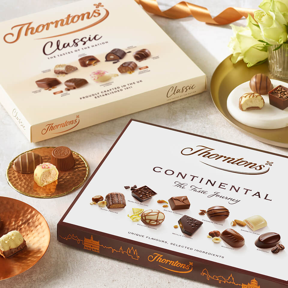 Box of Classic Collection chocolates and Thorntons Pearls