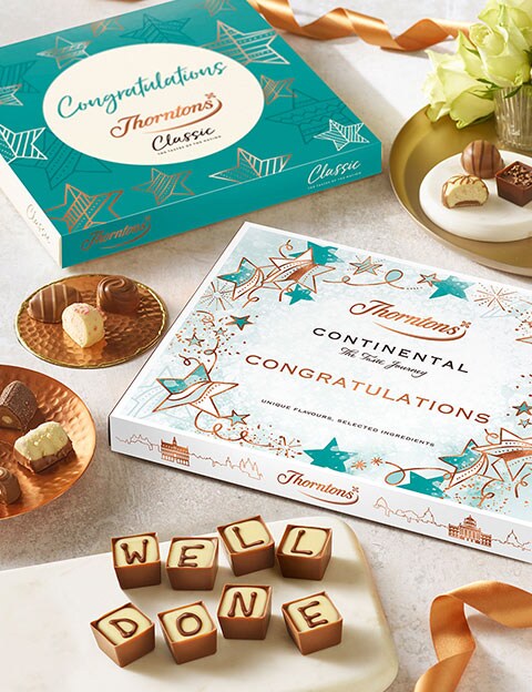 Congratulations gift sleeve on Thorntons Classic and Continental box of chocolates